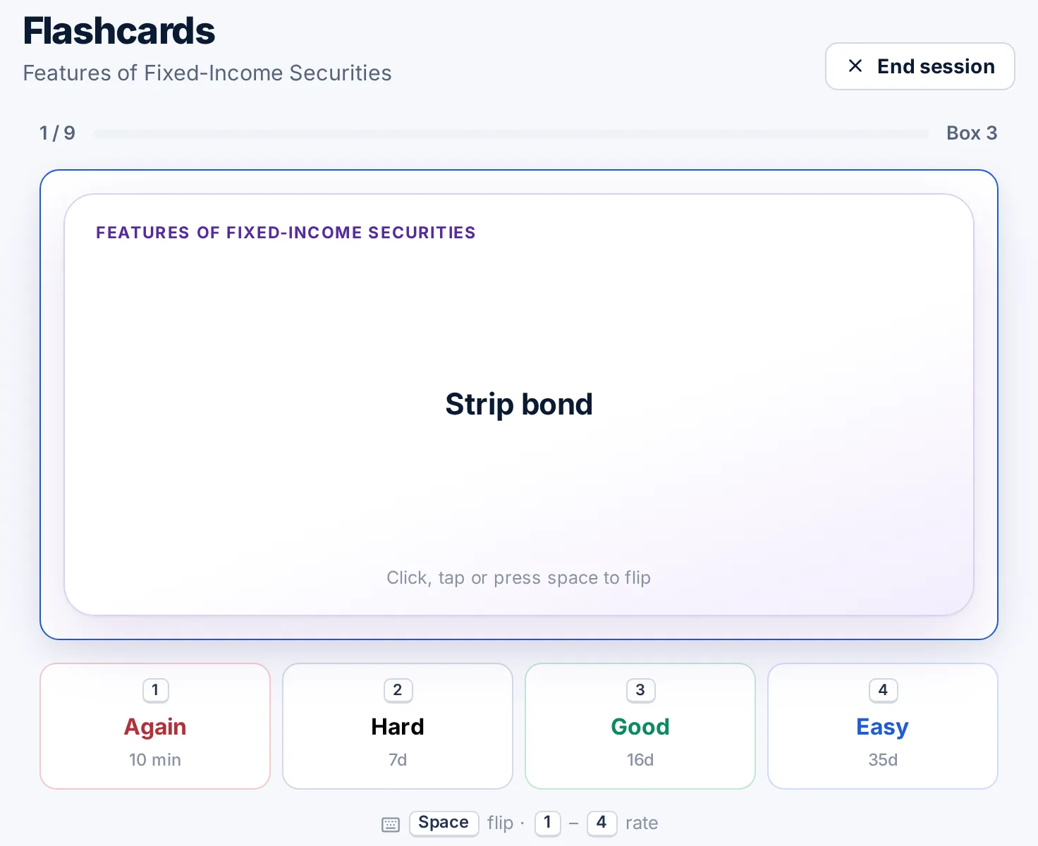 A flipped flashcard with Again, Hard, Good and Easy review buttons