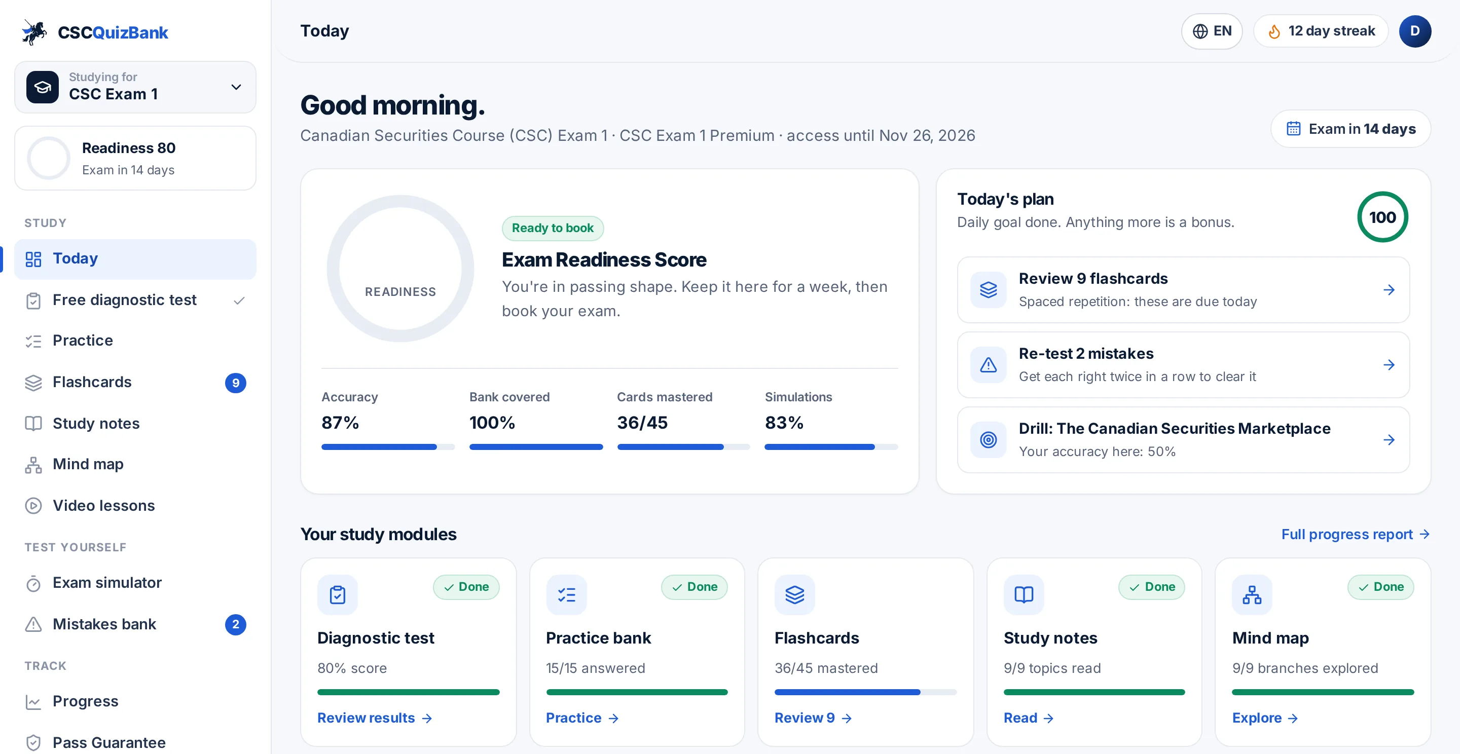 CSCQuizBank dashboard showing a Readiness Score of 80 (ready to book), an exam countdown, today's study plan and study modules for CSC Exam 1