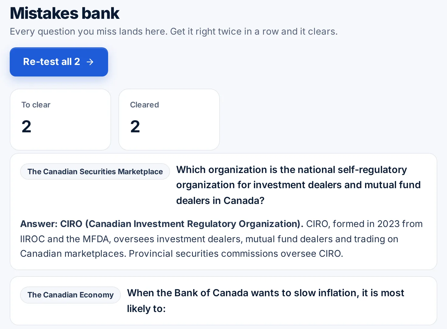 Mistakes bank with missed questions to clear, one expanded to show the answer and explanation